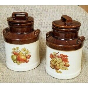 Vintage Pair Of McCoy Pottery 330 Milk Jug Brown & Tan Fruit Decoration Pattern
